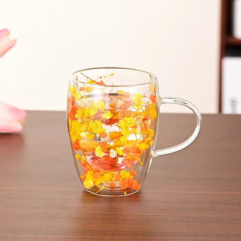 Transparent Double Glass Flower Tea Cup 350 ml