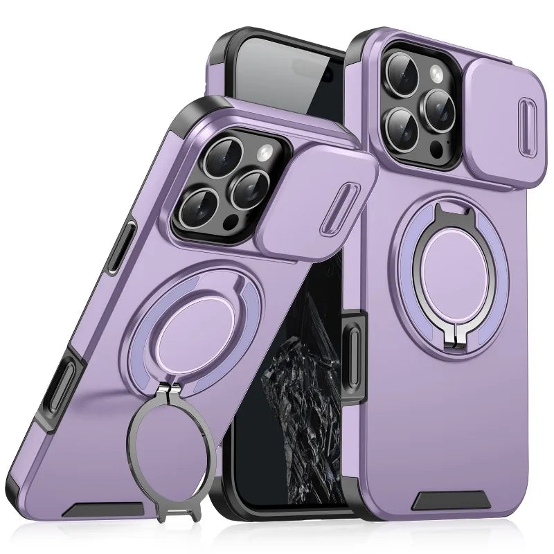 Case with Slide Camera Cover & Rotatable Ring Kickstand, Grade Shockproof Protective Case for iPhone 11/12/13/14/15/16/17 Series