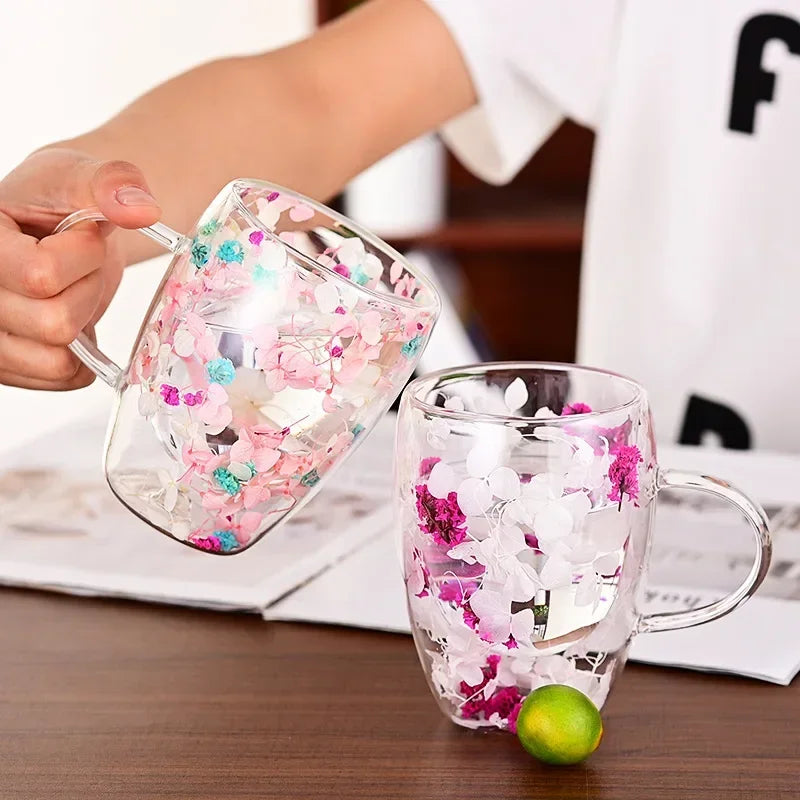 Transparent Double Glass Flower Tea Cup 350 ml