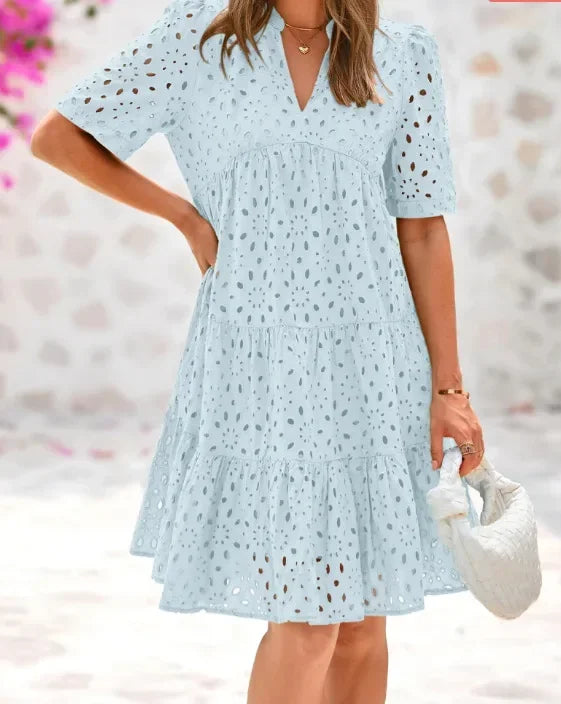 Women's Elegant Hollow Out Lace Ruffle Casual Mini Dress