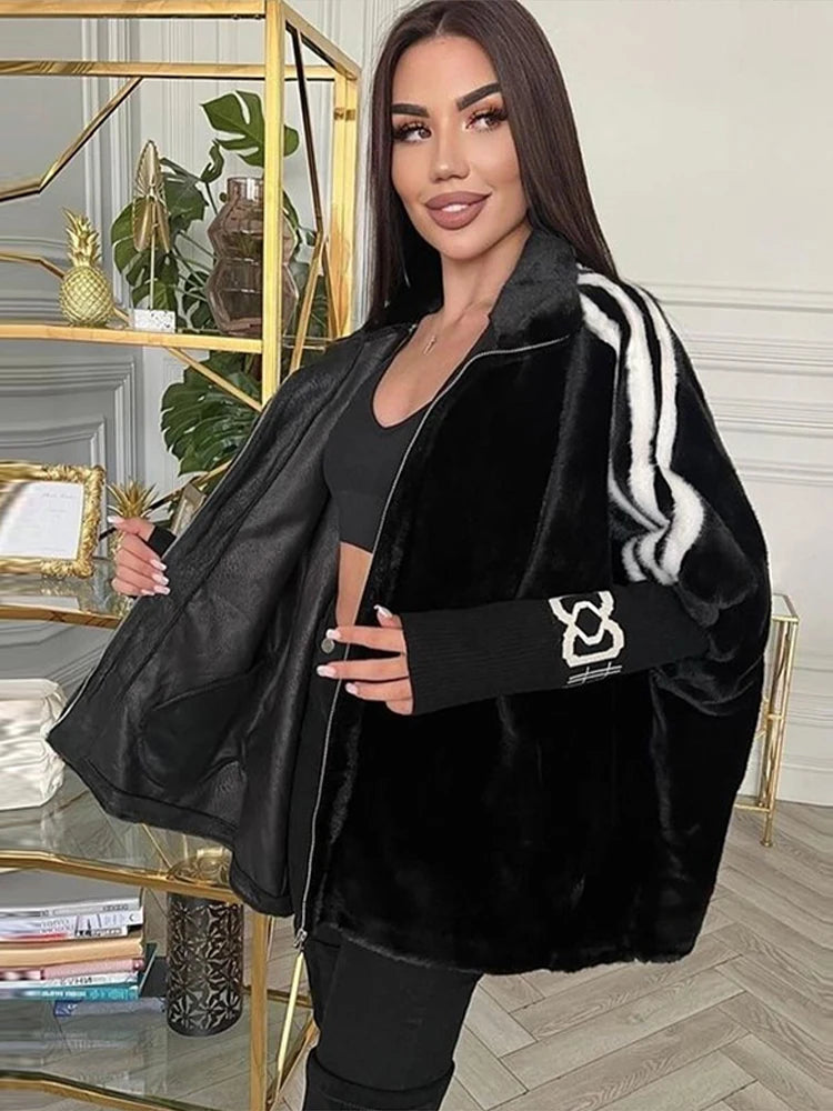 Women Plush Hooded Vertical Stripe Printed Casual Coat