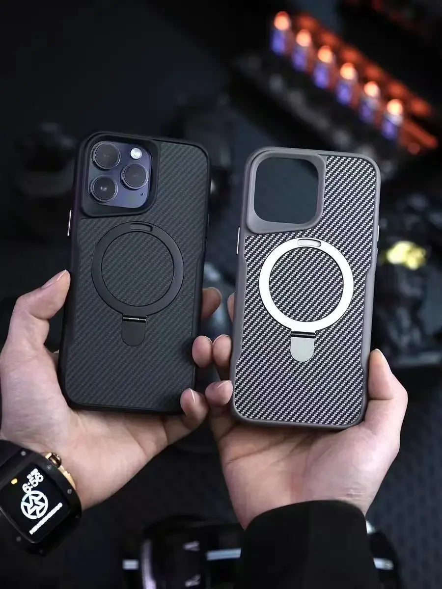Magnetic Carbon Fiber Pattern Aluminum Alloy Holder Phone Case for iPhone