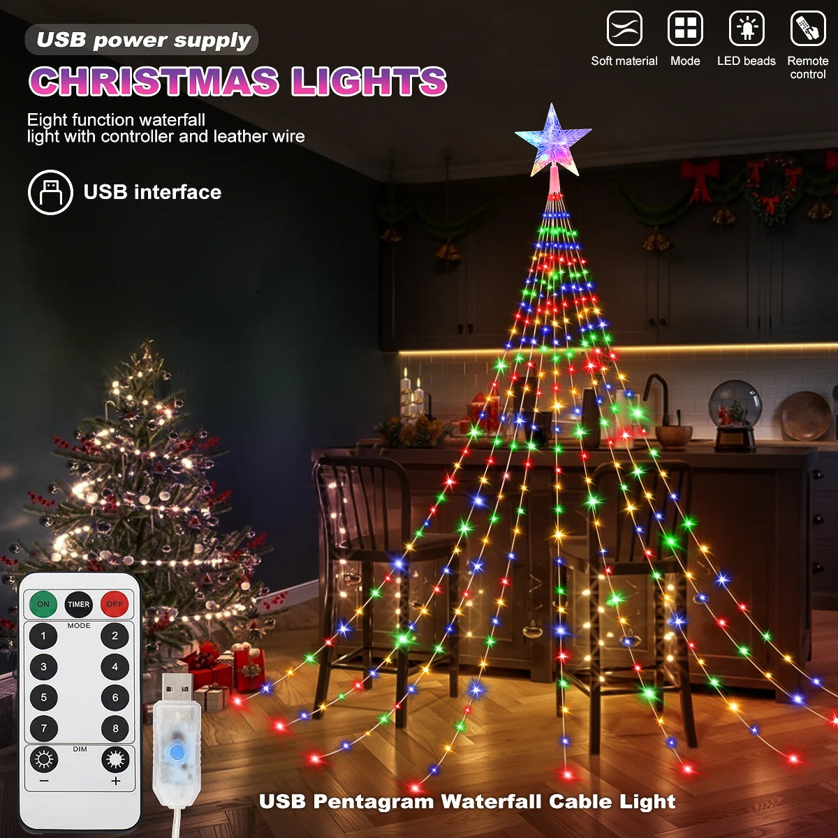 Waterproof Christmas Tree Waterfall Lights with Ring